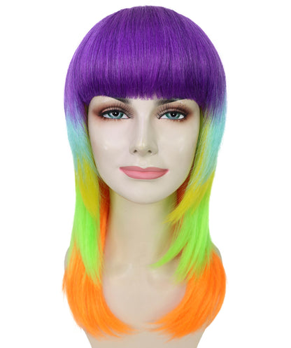 HPO Adult Women’s Vibrant Rainbow Prism Wig | Long Layered Multi-Colored Hair | Ideal for Halloween | Breathable Capless Cap