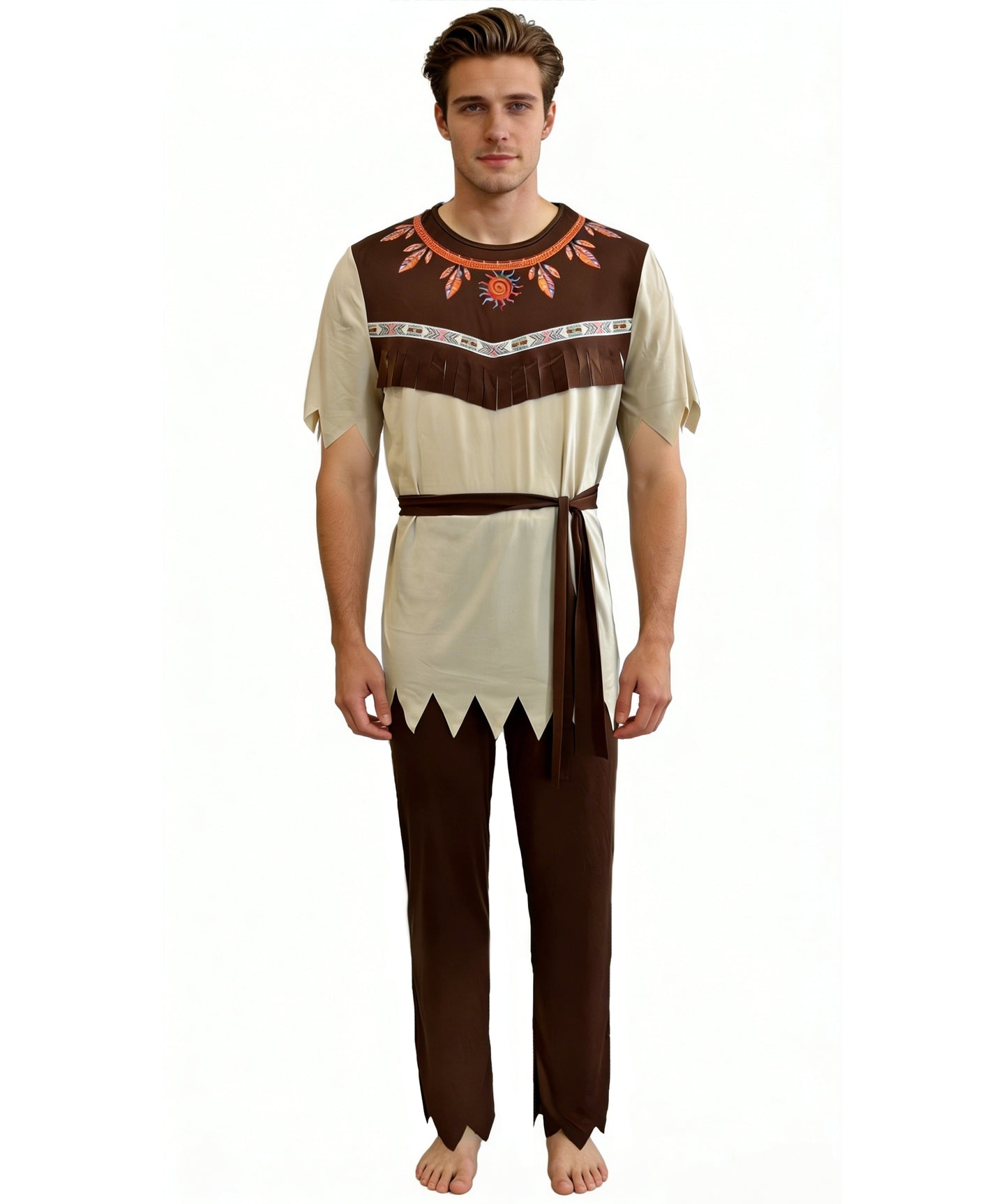 HPO Men's Native-Inspired Costume | Tan and multicolor jersey construction featuring a detailed top, pants, belt, and headband | Ideal for party, Halloween, cosplay, theater, drag, performance, costume events