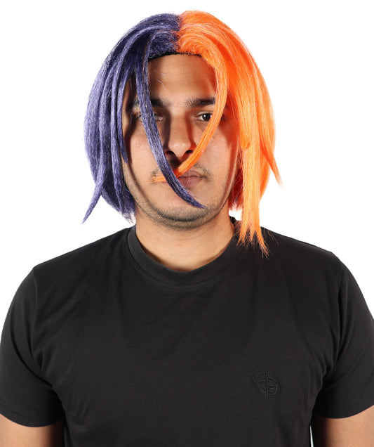 HPO Men's 12 Inch Short Orange and Dark Blue Straight Wig | Flame-Resistant Capless Hairpiece | Lightweight Capless Design for Halloween and Party