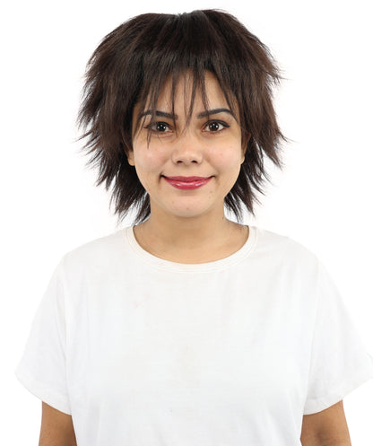 HPO Women's Spiky Layered Short Anime Wig – 12 Inch Natural Dark Brown Messy Wig with Capless Cap Design | Flame-retardant Synthetic Fiber for Costume, Halloween, Parties & Events