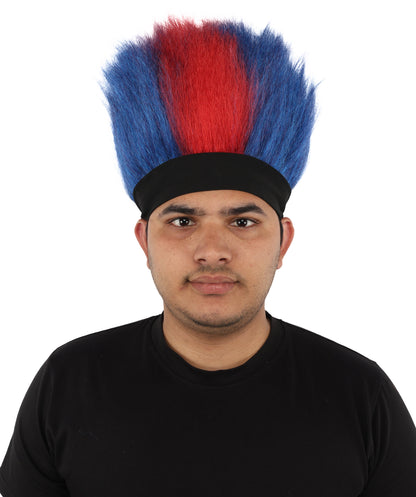 HPO Men's Red and Blue Mohawk Wig | Tall Spiky Texture Flame-retardant Synthetic Fiber Headband Design | Halloween Themed Party Championship Parade Accessory