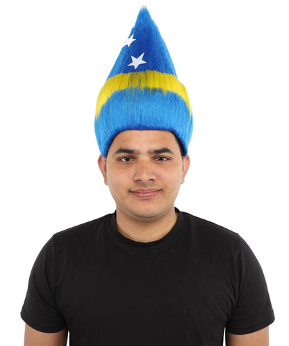 HPO Unisex Curacao Flag Multicolor Troll Wig | 15 Inch Upright Spiked Texture Breathable Fit | Sports Event National Holiday Parade Soccer Match Fan Gear
