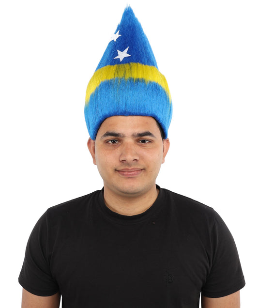 HPO Unisex Curacao Flag Multicolor Troll Wig | 15 Inch Upright Spiked Texture Breathable Fit | Sports Event National Holiday Parade Soccer Match Fan Gear