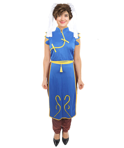 HPO Women’s Fighter Cosplay Blue and Brown Costume | Video Game Inspired Sleeveless Outfit with Top and Pant Structured Silhouette | Battle Outfit for Conventions, Parties & Roleplay