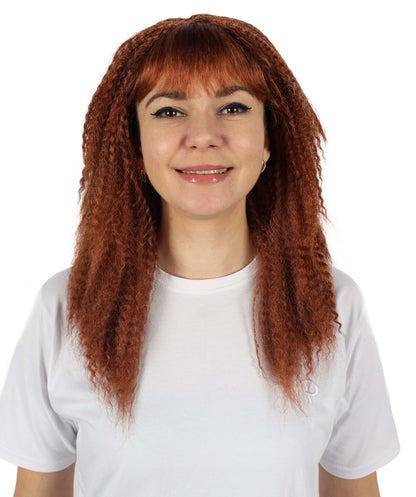 HPO Women’s Retro 80’s Voluminous Curly Brown 17 Inch Rocker Crimp Wig with Bangs | Halloween & Cosplay Wig | Flame-retardant Synthetic Fiber