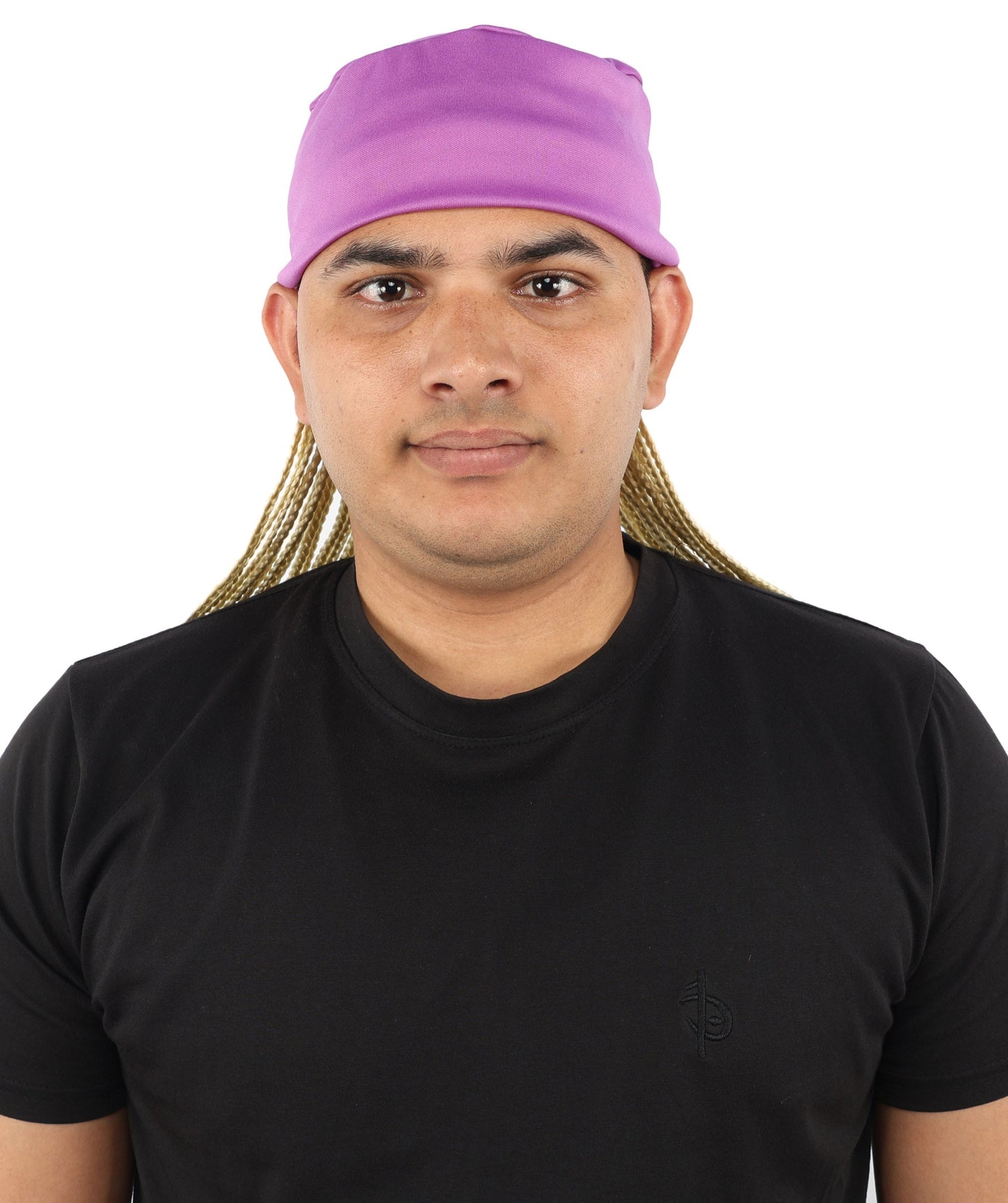 Men’s Movie Character Inspired Black Braided Wig with Purple Head Wrap Hat | Flame-retardant Synthetic Fiber | Ideal Hairpiece for Cosplay & Halloween