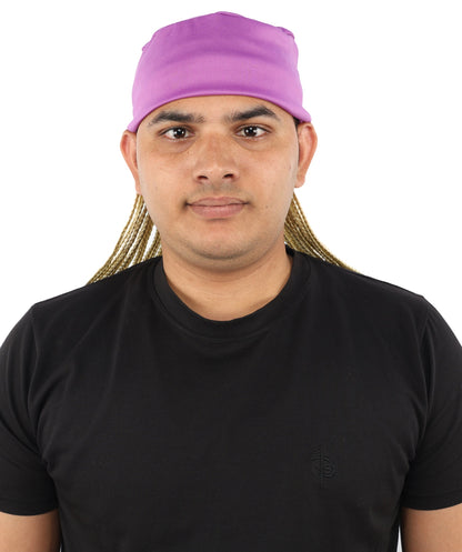 Men’s Movie Character Inspired Black Braided Wig with Purple Head Wrap Hat | Flame-retardant Synthetic Fiber | Ideal Hairpiece for Cosplay & Halloween