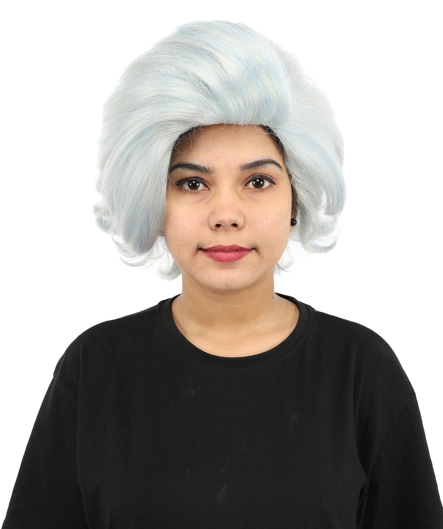 Vintage Wavy Silver Blue Wig | 12 Inch Voluminous Swept Back Curls Retro Texture | Party Halloween Cosplay Theater Drag Performance Costume Events