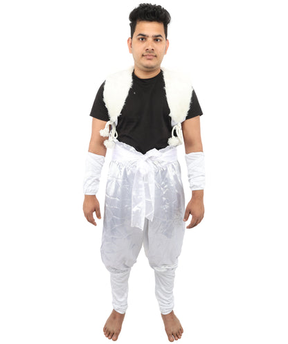 HPO Men's Anime Fighter Roleplay Suit | Crisp white satin construction featuring pants, dress, belt, and hand socks | Ideal for party, Halloween, cosplay, theater, drag, performance, costume events