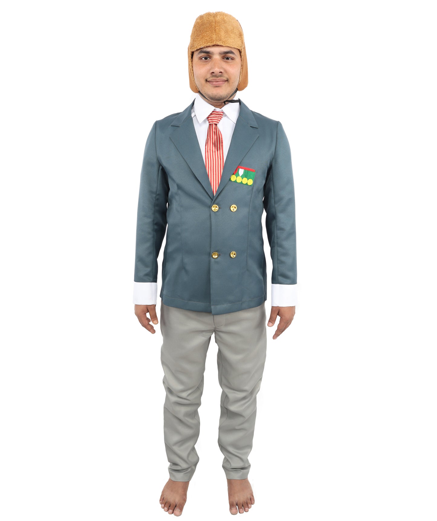 HPO Unisex Vintage Aviator Costume – Blue Blazer with Grey Pant, Mock Shirt Front, Bow Tie, Scarf & Trousers | Party Suit for Visual Scenes