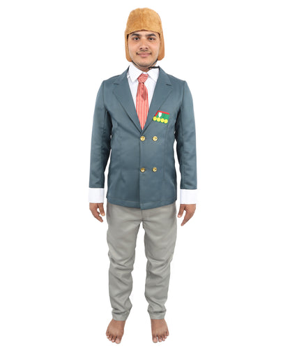 HPO Unisex Vintage Aviator Costume – Blue Blazer with Grey Pant, Mock Shirt Front, Bow Tie, Scarf & Trousers | Party Suit for Visual Scenes