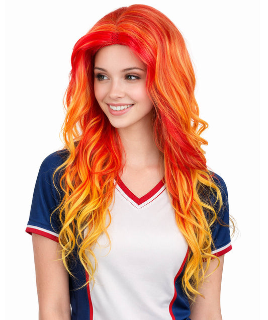 Women's Red and Yellow Color Wavy Long Length Trendy Flaming Beauty Wig