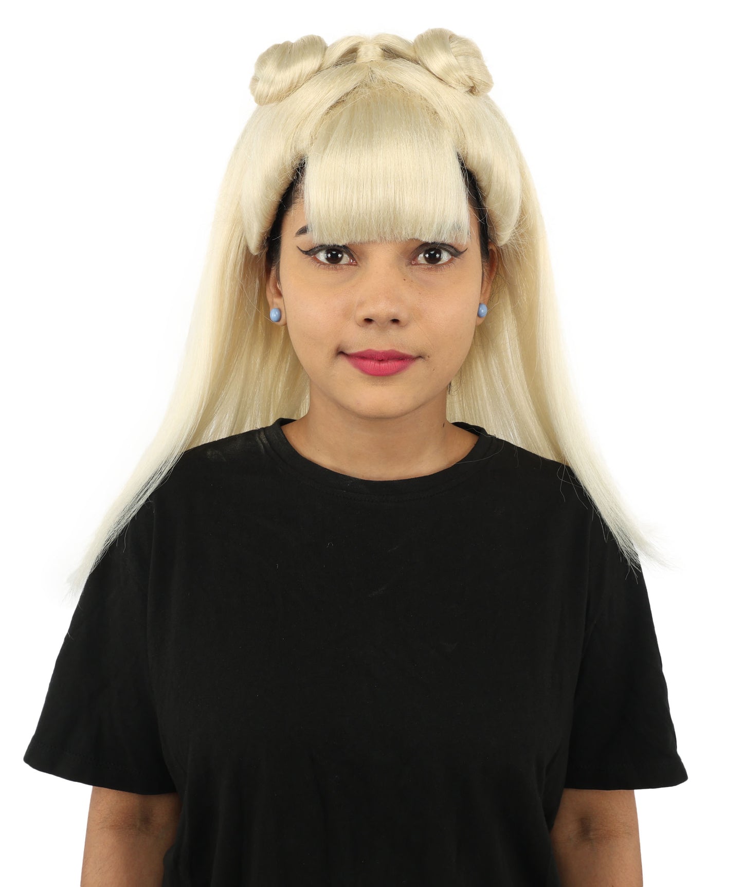 HPO Women's Brown & Pink Half Updo Bangs Wig | Create of synthetic fiber, blunt fringe with top bow, breathable base | Party, Halloween, theater, drag, performance, costume events
