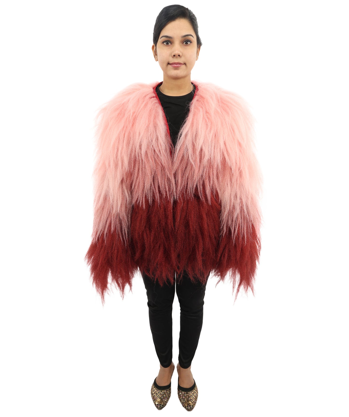 HPO Women's Pink & Merun Ombre Shaggy Costume Coat | 30 Inch Long Synthetic Hair Kpop Idol Jacket | Party Halloween Cosplay Music Video Performance Events