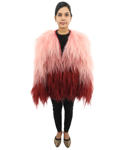 HPO Women's Pink & Merun Ombre Shaggy Costume Coat | 30 Inch Long Synthetic Hair Kpop Idol Jacket | Party Halloween Cosplay Music Video Performance Events