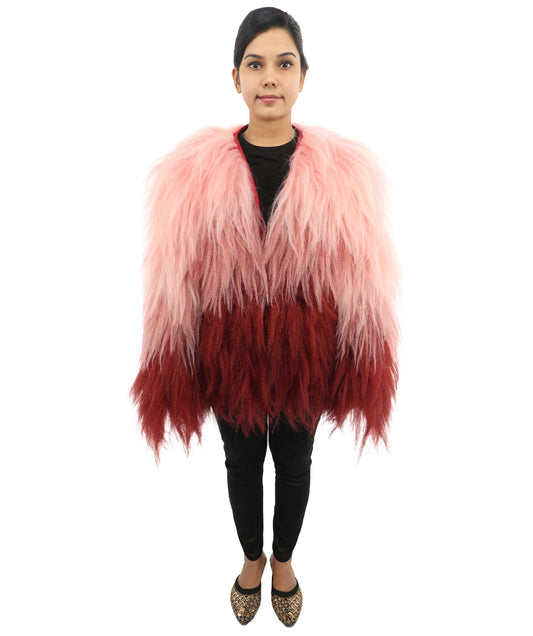 HPO Women's Pink & Merun Ombre Shaggy Costume Coat | 30 Inch Long Synthetic Hair Kpop Idol Jacket | Party Halloween Cosplay Music Video Performance Events