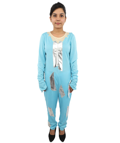 HPO Women's Ice Blue Jumpsuit Costume | Shimmering Synthetic Febric Bodysuit with Metallic Accents and Fringe | Idal for Halloween, Cosplay, Drag, and Themed Events
