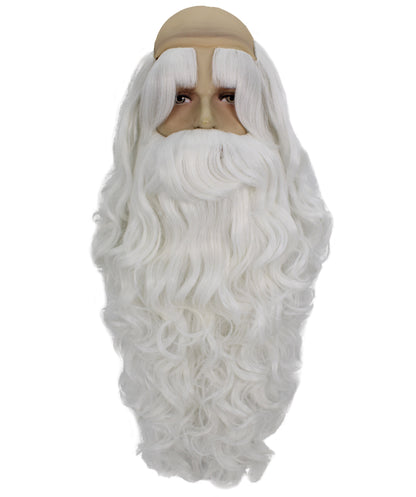 HPO Men's White Santa Wig and Beard Set – Fake Mustache, Long Beard & Eyebrows | Christmas Character Accessories for Stage, Cosplay & Holiday Dress-Up