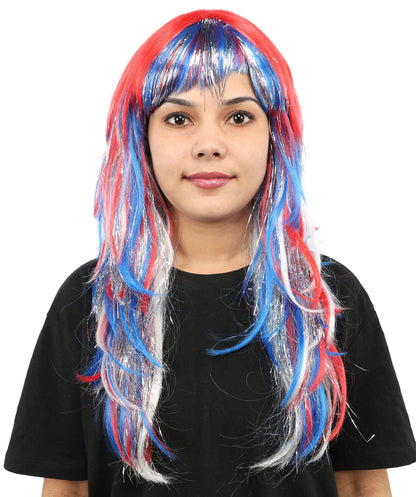 HPO Women's Patriotic Long Wig | Multi Color Hairpiece | Adjustable Inner Straps Cap for Parades, Holidays & Theme Events