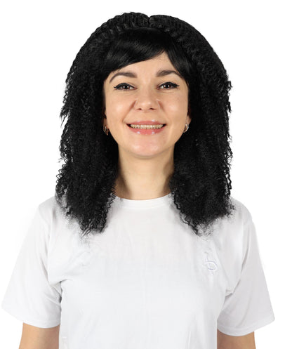 HPO Adult Women's 80s Shoulder Length Straight Black Crimp Wig| Halloween and Cosplay Wig | Flame-retardant Synthetic Fiber