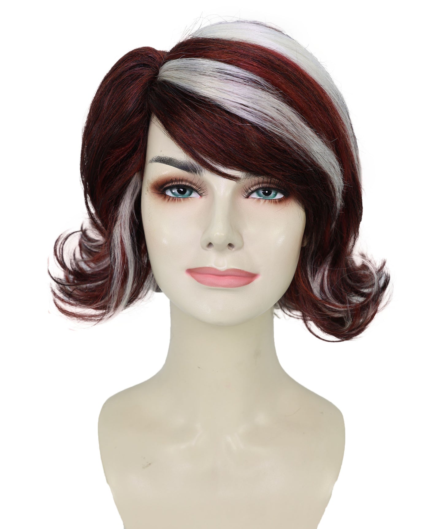 HPO Adult Women’s 90’s Inspired Burgundy & Mocha Short Layered Wig with Chic Highlights | Retro Glam Hairpiece | Ideal for Halloween | Breathable Capless Cap