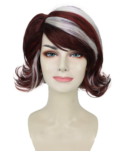 HPO Adult Women’s 90’s Inspired Burgundy & Mocha Short Layered Wig with Chic Highlights | Retro Glam Hairpiece | Ideal for Halloween | Breathable Capless Cap