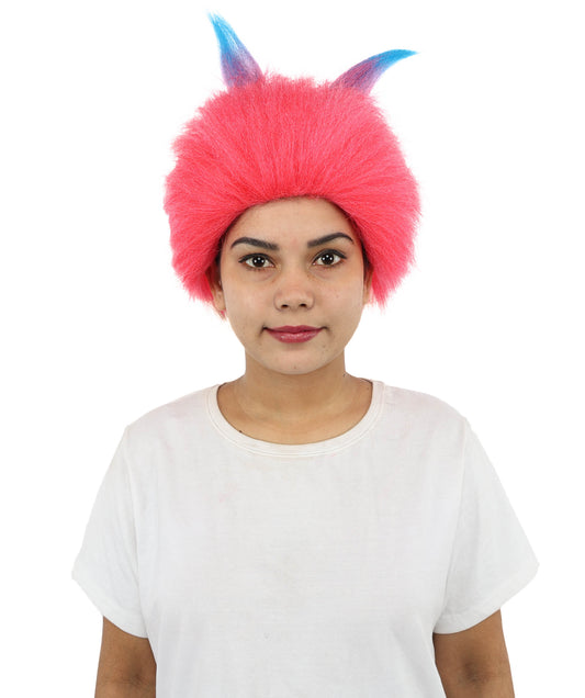 HPO Women Pink Movie Character Wig with Blue Horns | Bright Fantasy Synthtic Hairpiece | Ideal for Halloween, Cosplay, Stag Party