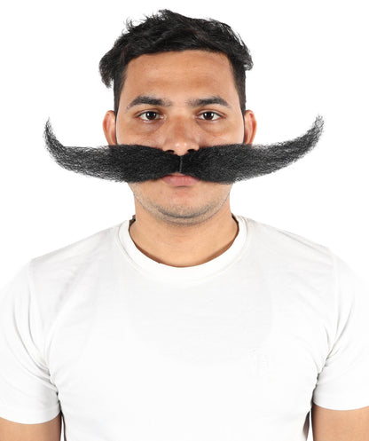 HPO Men's Giant Black Mustache | Self-Adhesive Fake Mustache | Realistic Costume Facial Hair Accessory for Halloween, Parties & Roleplay