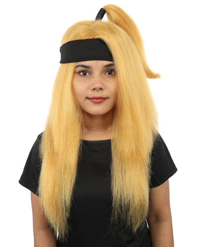 HPO Women's High Ponytail Ninja Wig | Golden blonde hue, create of synthetic fiber, long straight texture with top-tied fountain, breathable base | Cosplay, Halloween, theater, party, performance, costume events