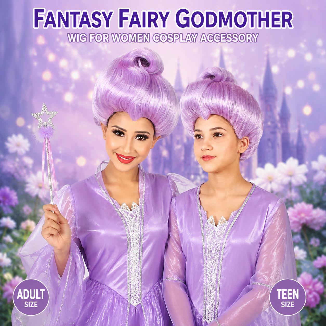 HPO Women's Godmother Beehive Updo Purple Wig for Teen & Adult Bundle Set - Fantasy inspired hairstyle with a classic updo shape Ideal for Halloween Cosplay