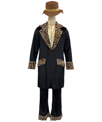 HPO Men's Fur Trim Costume Set | Sleek black construction featuring a long coat and pants with leopard fur trim and matching hat | Ideal for party, Halloween, cosplay, theater, drag, performance, costume events