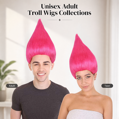 HPO Troll Neon Pink Wig Synthetic Costume Hairpiece Bundle Set for Adult & Teen - Tall Spiked Fantasy Upright Hairstyle With Bold Volume for Cosplay Events & Themed Dress-Up.