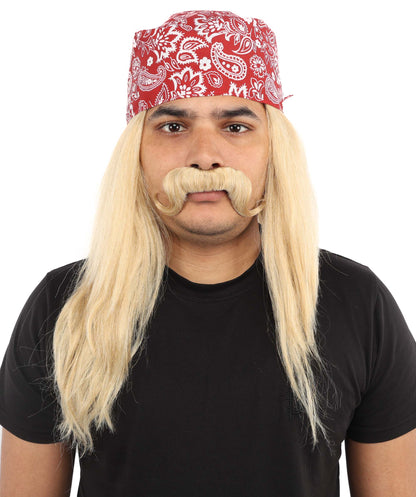 HPO Men’s Long Mullet Style Wig with Moustache and Red Hat | Extended Back Hair with Facial Set | Party Styling for Theme Events, Cosplay & Stage Roles