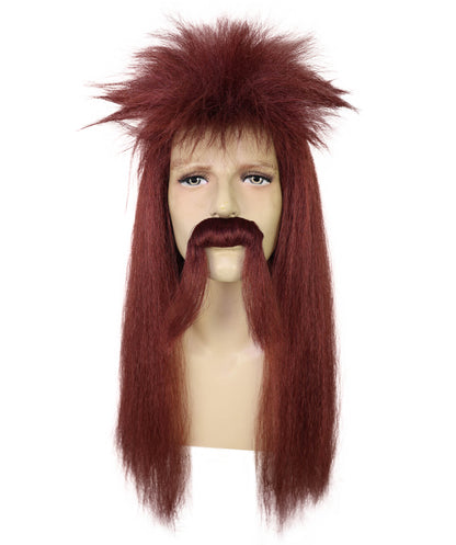 HPO Men's Long Mullet Hair Wig & Moustache Set – Retro Rocker Costume Accessory for Men