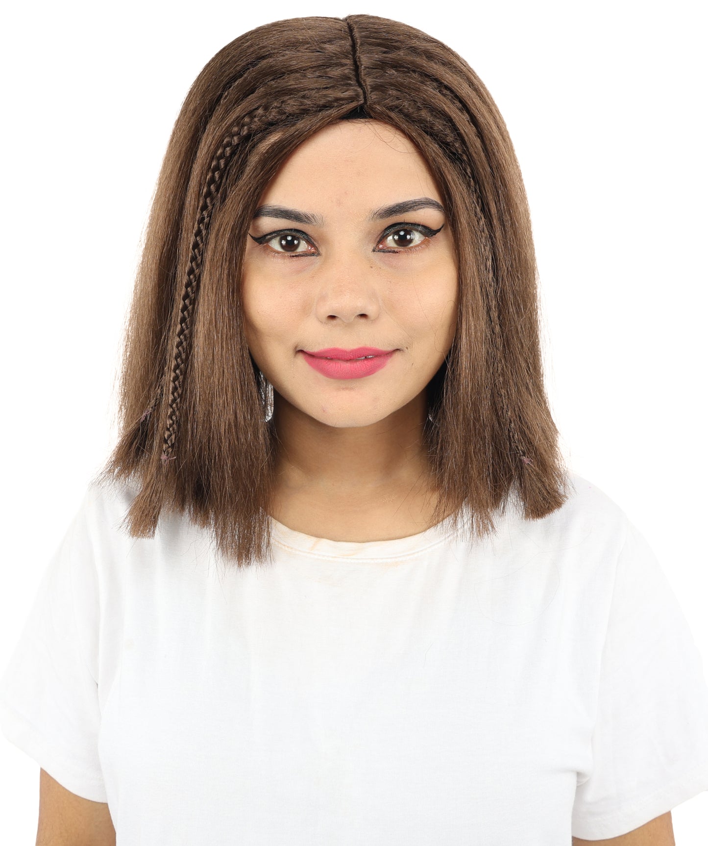HPO Celebrity-Style 11 Inch Green Rooted Blonde Front Braided Straight Wig | Shoulder-Length Fun, Bold, and Stylish Hairpiece  | Ideal for Halloween, Cosplay, and Themed Parties