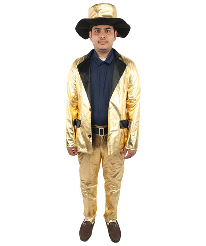 HPO Men's Metallic Gold & Black Pimp Suit | Shiny PVC and Satin Finish with Matching Hat T-Shirt and Belt | Ideal for Cosplay, Halloween, Drag, and 1970s Theme Performance Events