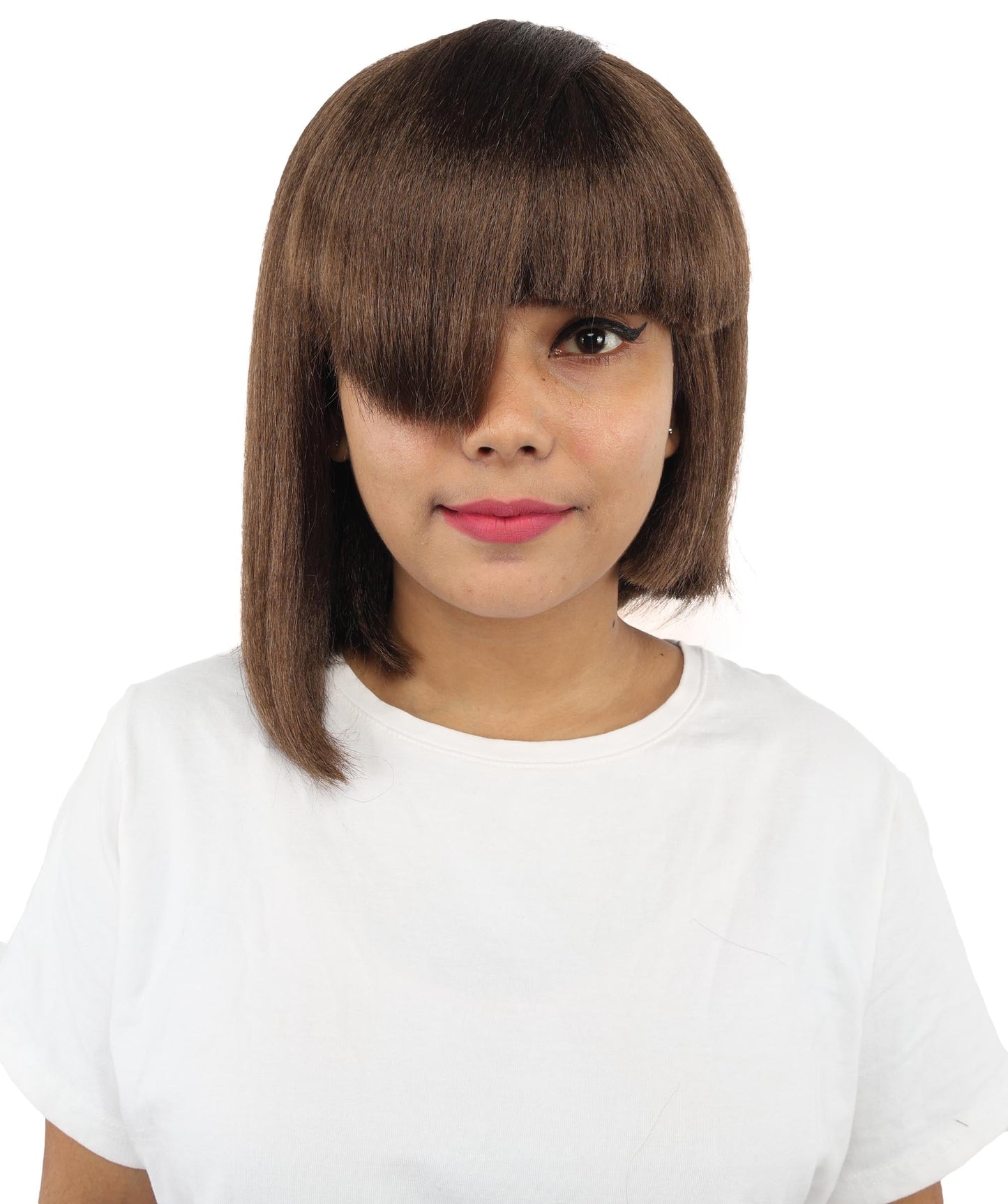 HPO Adult Women's Asymmetrical Bangs Bob Wig | Multiple Color Options | Create of synthetic fiber, sleek straight volume, breathable capless base | Party, Halloween, theater, drag, performance, costume events