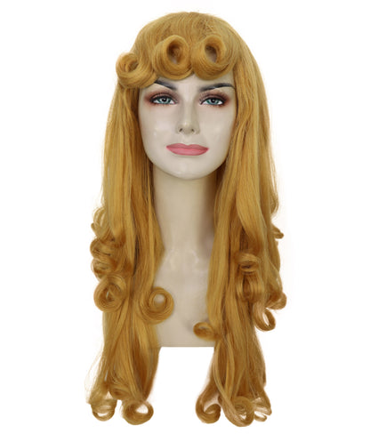 HPO Princess Golden Long Curly Wig | Radiant Fairytale Hairpiece with Voluminous Waves | Adjustable Breathable Cap for Cosplay, Halloween & Stage