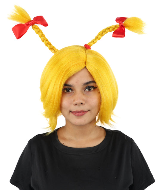 HPO Women's Triple Antenna Bow Wig | Yellow synthetic fibers with structural upright braids red ribbons and capless base | Essential for theatrical stage drag performance costume events and party
