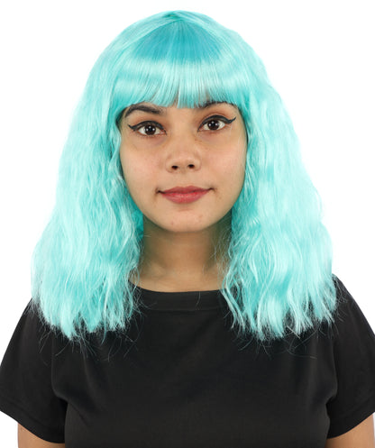 HPO Women's Short Wavy Bob wig | Vibrant aqua cyan, created of flame-retardant synthetic fiber, thick layered texture, breathable cap | Cosplay, drag, performance, themed events