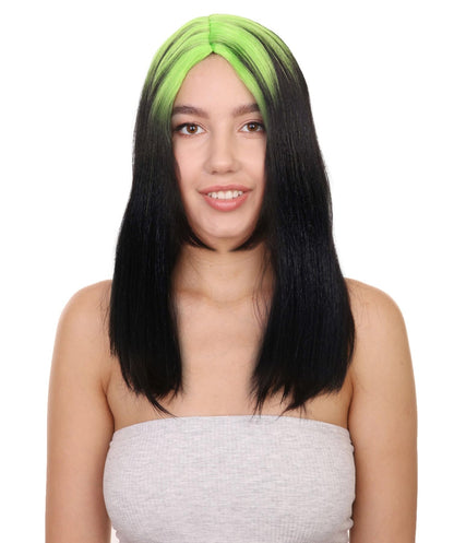 Billie Pop 80's Mullet | Black Wig with Neon Green Roots and Choppy Bangs | Premium Halloween Wig