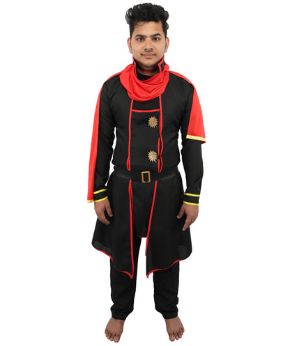 HPO Men's Anime Fantasy Adventurer Costume | Red & Black satin construction featuring a main dress, pant, and belt | Ideal for party, Halloween, cosplay, theater, drag, performance, costume events