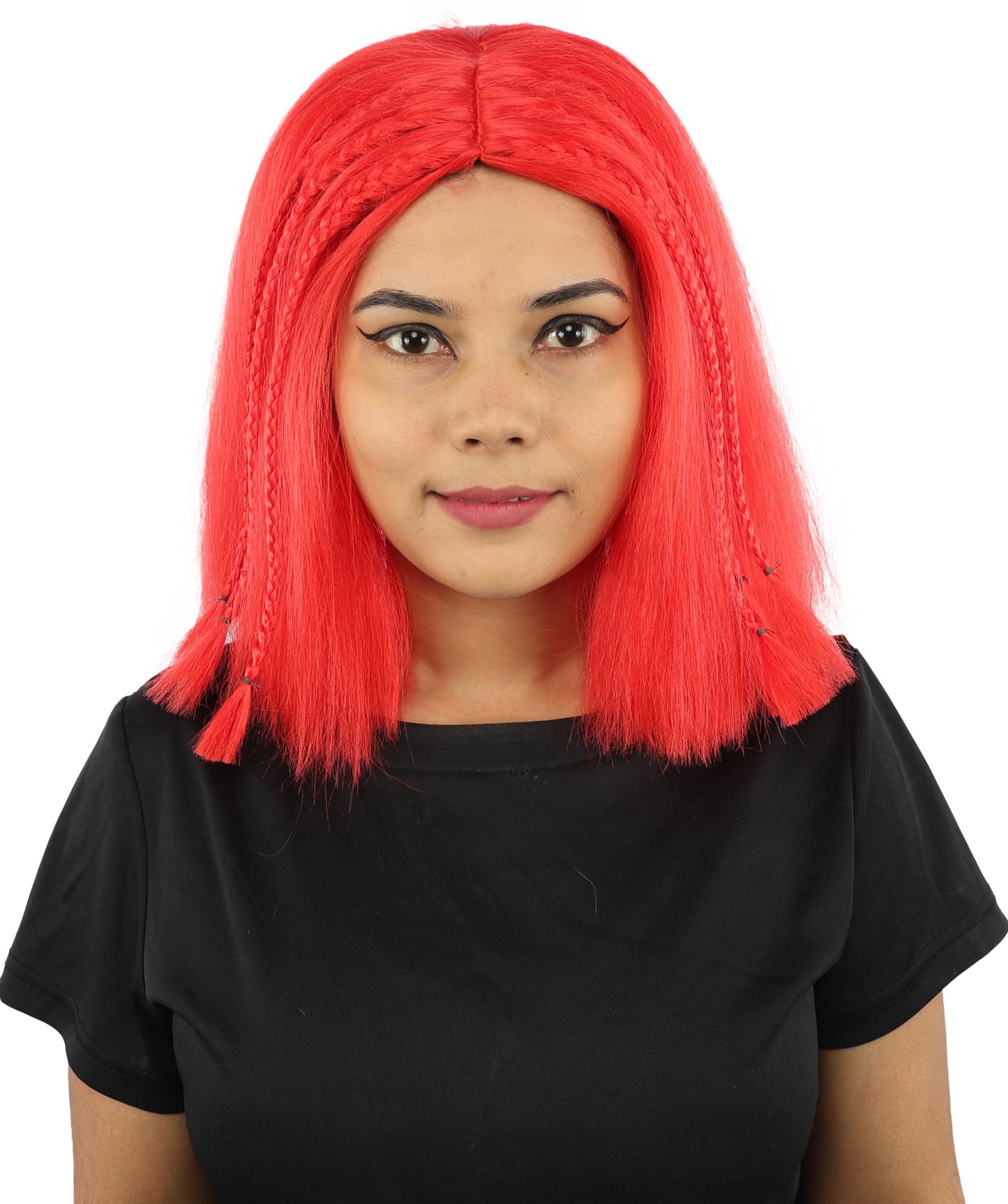 HPO Celebrity-Style 11 Inch Green Rooted Blonde Front Braided Straight Wig | Shoulder-Length Fun, Bold, and Stylish Hairpiece  | Ideal for Halloween, Cosplay, and Themed Parties