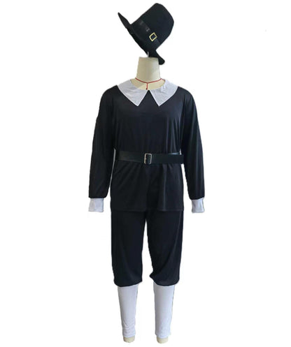 Men’s Thanksgiving Pilgrim Costume Set | Top Pants Socks Hat Belt | Black and White Size Options
