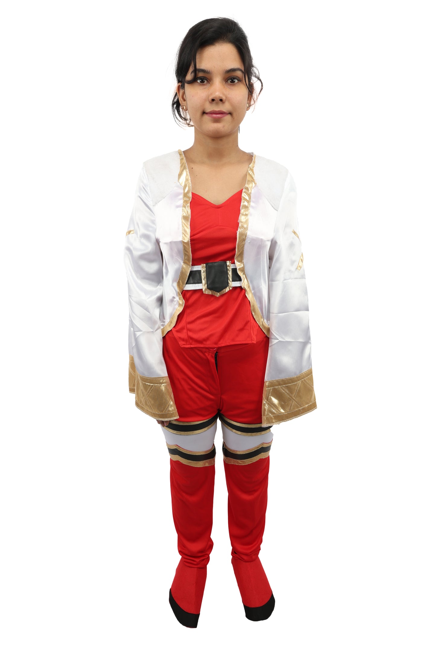 HPO Women's Anime Warrior Fashion Suit | Vibrant red and white jersey satin construction featuring a body, pant, koti, and leg socks | Ideal for party, Halloween, cosplay, theater, drag, performance, costume events