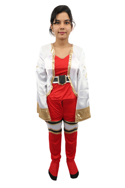 HPO Women's Anime Warrior Fashion Suit | Vibrant red and white jersey satin construction featuring a body, pant, koti, and leg socks | Ideal for party, Halloween, cosplay, theater, drag, performance, costume events