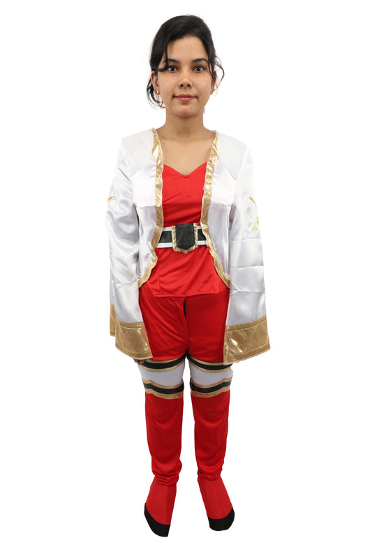 HPO Women's Anime Warrior Fashion Suit | Vibrant red and white jersey satin construction featuring a body, pant, koti, and leg socks | Ideal for party, Halloween, cosplay, theater, drag, performance, costume events