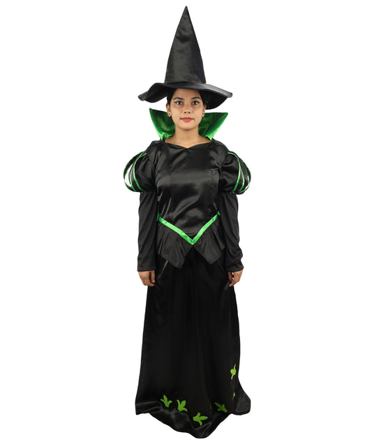HPO Shadow Valley Witch Costume | Black & Green Long Dress with Pointed Hat | Dark Fantasy Witch Outfit for Halloween, Cosplay & Stage Events