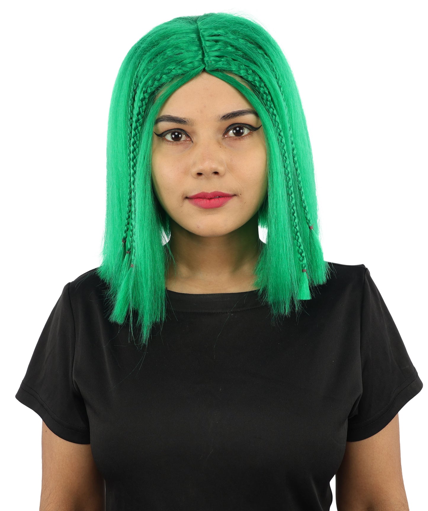 HPO Celebrity-Style 11 Inch Green Rooted Blonde Front Braided Straight Wig | Shoulder-Length Fun, Bold, and Stylish Hairpiece  | Ideal for Halloween, Cosplay, and Themed Parties