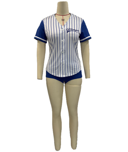 HPO Women’s Fun Baseball Costume | Blue & White Pinstripe Jersey & Shorts | Sporty Cosplay, Halloween, Party, Stage & Roleplay Outfit